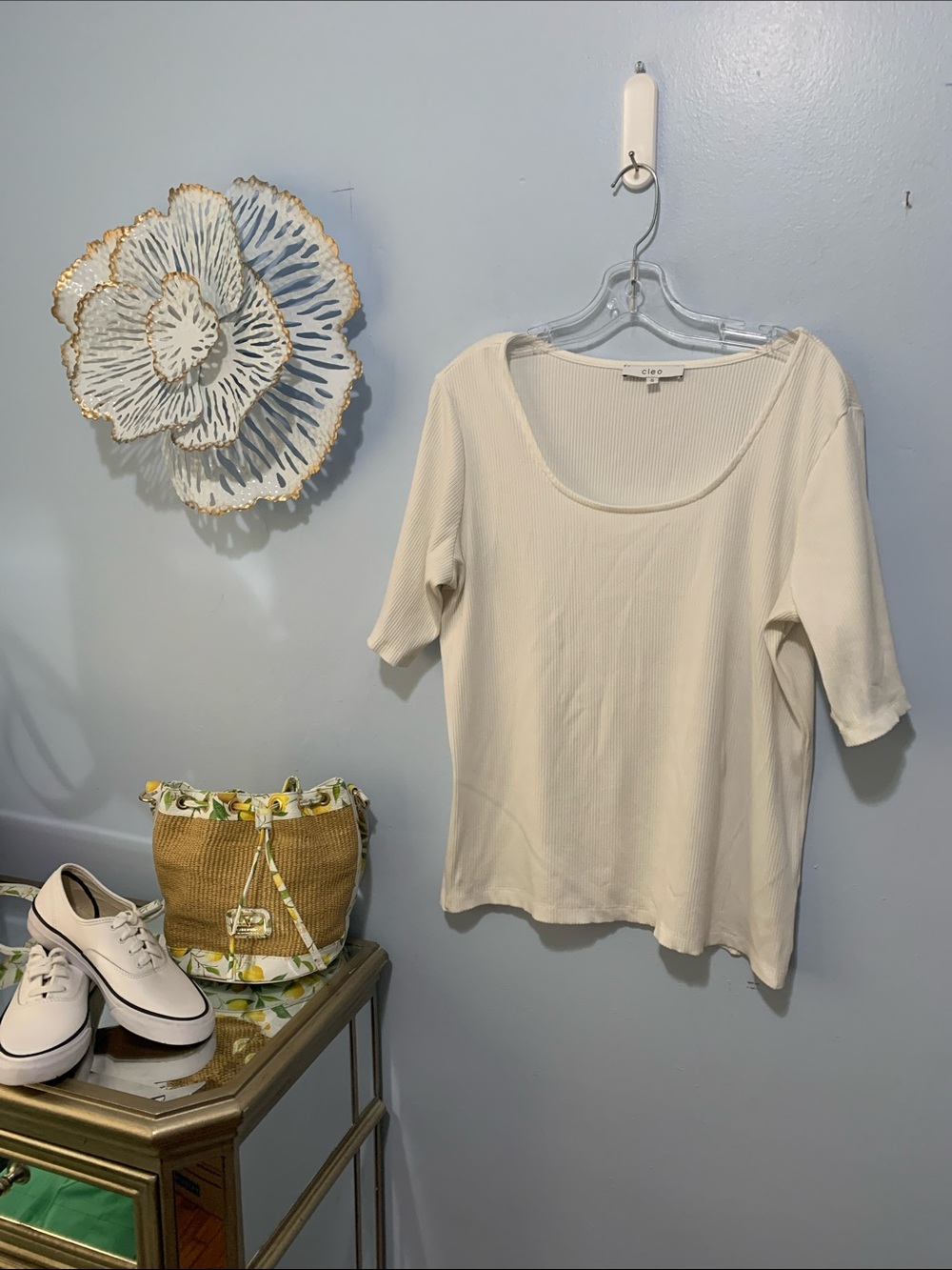 Cleo Cream Scoop Neck Short Sleeve Ribbed Top X-Large